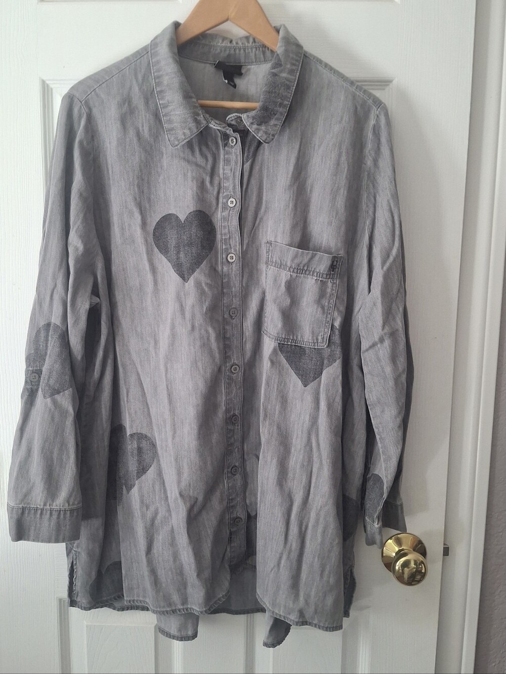 Ulla Popken Plus S 20/22 Gray Denim Heart Print Button Down Blouse Lyocell Tunic
